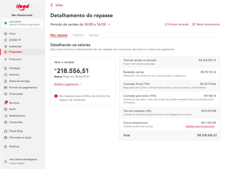 Tela de detalhamento de repasse do iFood